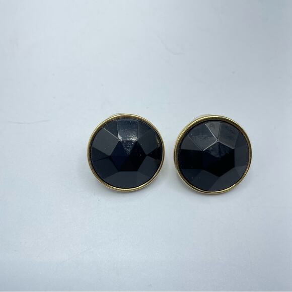Vintage Black Enamel Gold Tone Earrings Pierced Round Fauceted - Picture 1 of 4